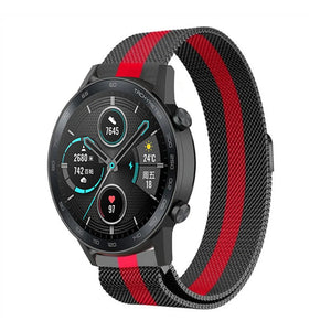 Milanese Strap, black/red, on a watch, 3/4 front view