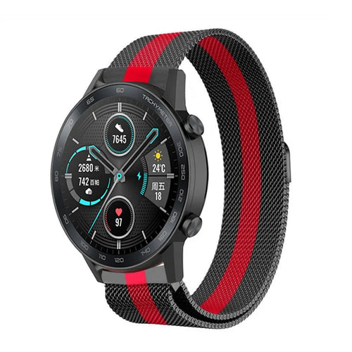 Milanese Strap, black/red, on a watch, 3/4 front view