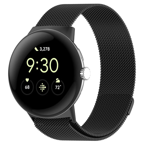 Milanese Strap, black, on a watch, 3/4 front view