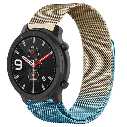 Milanese Strap, blue/gold, on a watch, 3/4 front view