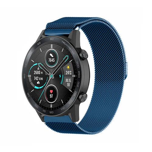 Milanese Strap, blue, on a watch, 3/4 front view