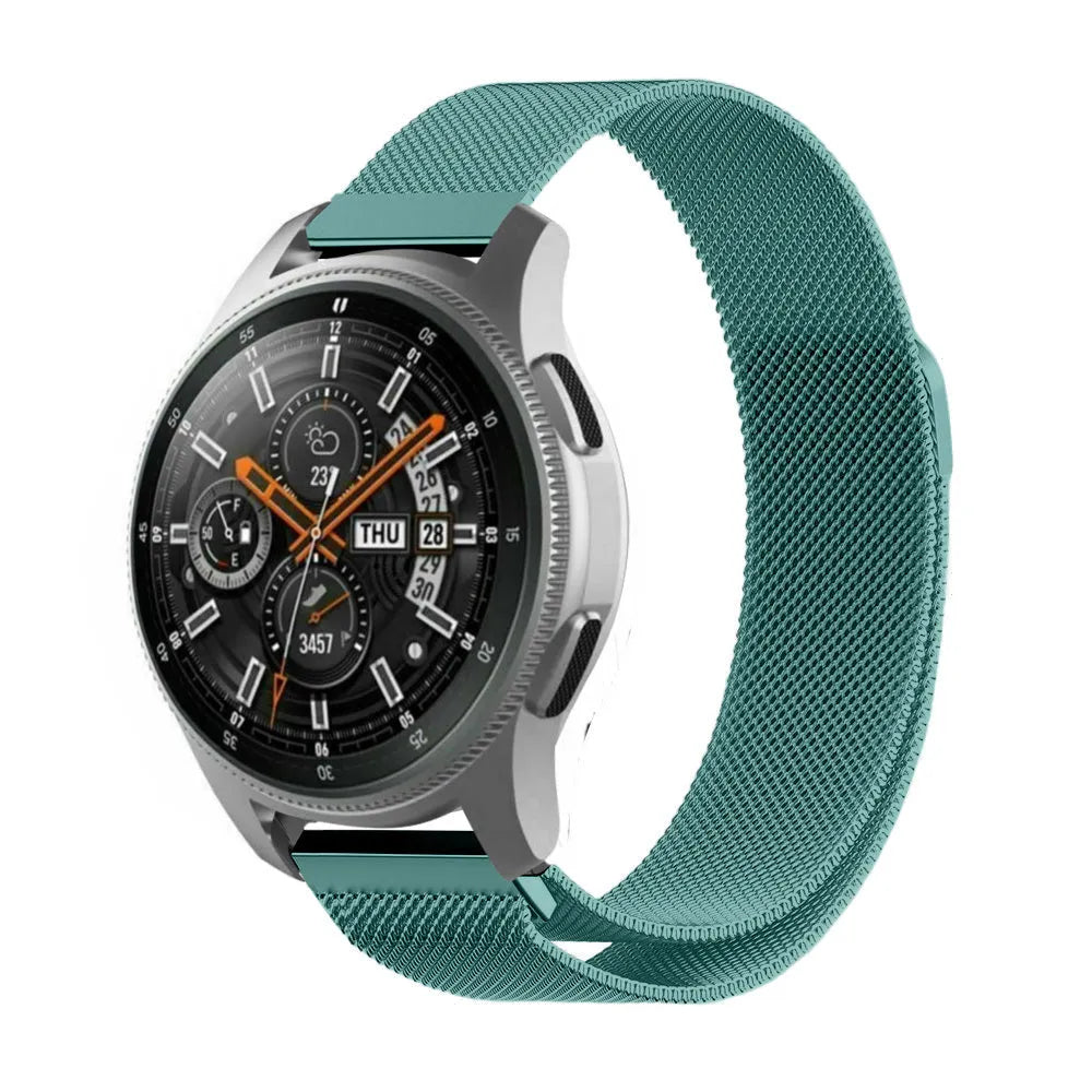 Milanese Strap, green, on a watch, 3/4 front view