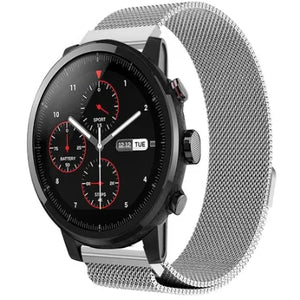 Milanese Strap, silver, on a watch, 3/4 front view
