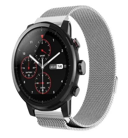 Milanese Strap, silver, on a watch, 3/4 front view
