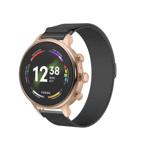 Milanese Strap, black, on a watch, 3/4 front view