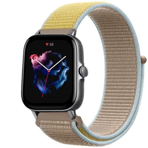Nylon Strap, camel, on a watch, 3/4 front view