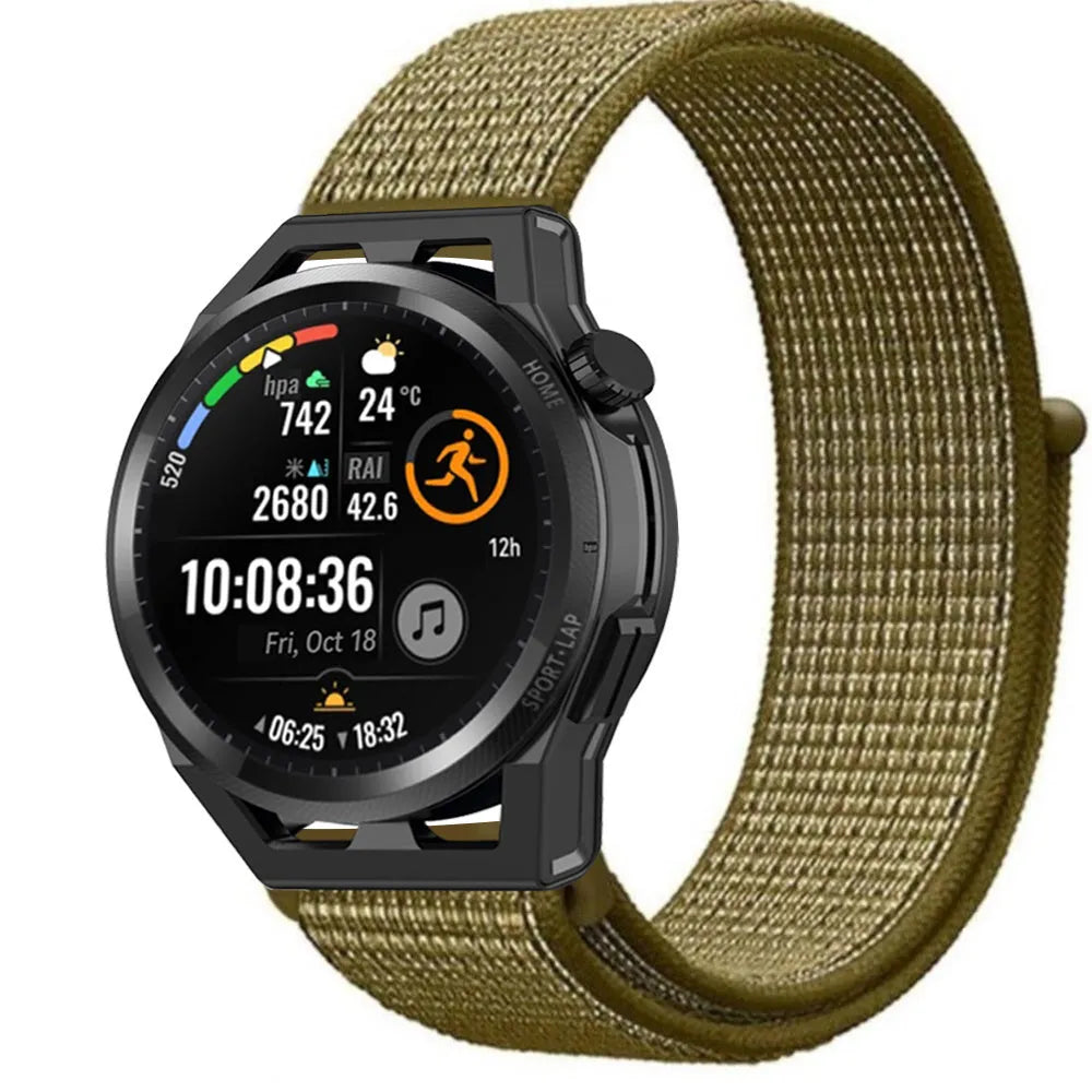 Nylon Strap, olive, on a watch, 3/4 front view