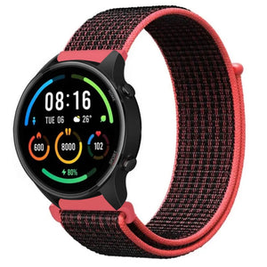 Nylon Strap, black/coral, on a watch, 3/4 front view