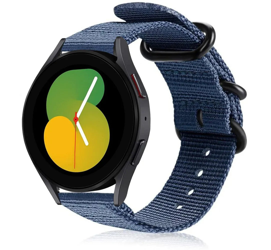 Nylon Buckle Strap, blue, on a watch, 3/4 front view