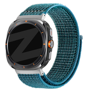 Nylon Loop Strap, blue-green, on a watch, 3/4 front view