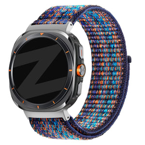Nylon Loop Strap, blue mix, on a watch, 3/4 front view
