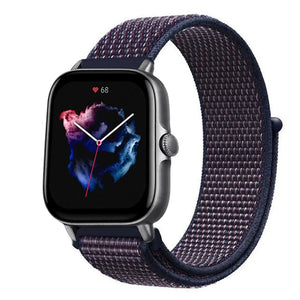 Nylon Strap, indigo blue, on a watch, 3/4 front view