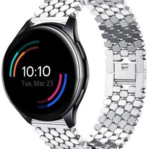 Steel Strap Hexagons, silver, on a watch, 3/4 front view