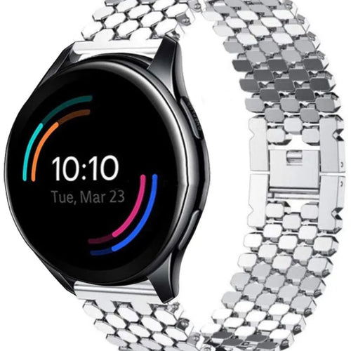 Steel Strap Hexagons, silver, on a watch, 3/4 front view