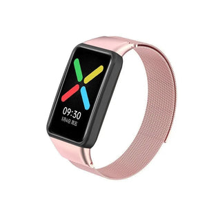 Milanese Strap, pink, on a watch, 3/4 front view