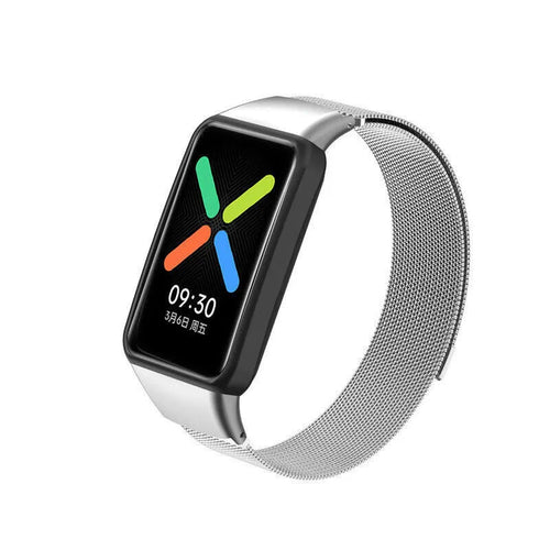 Milanese Strap, silver, on a watch, 3/4 front view