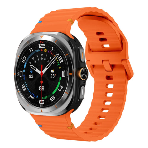 Wave Silicone Strap, orange, on a watch, 3/4 front view