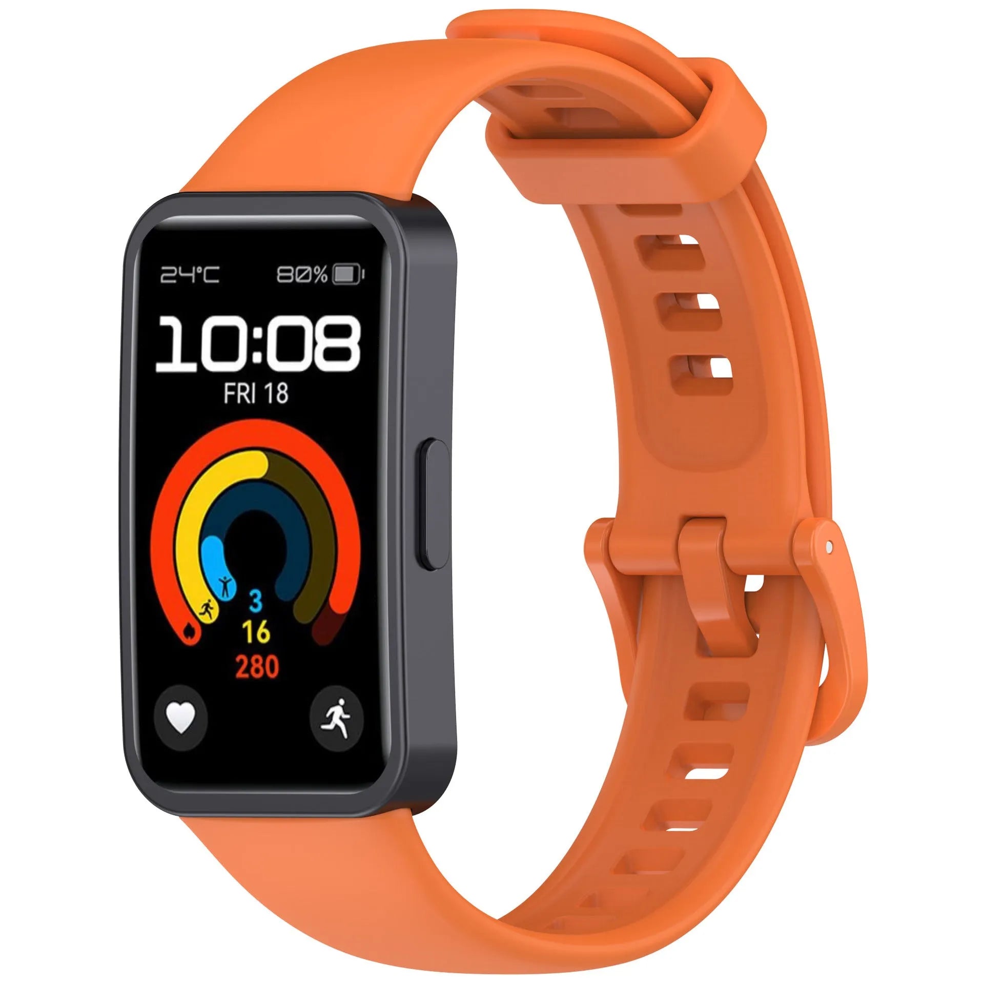 Silicone Strap, orange, on a watch, 3/4 front view