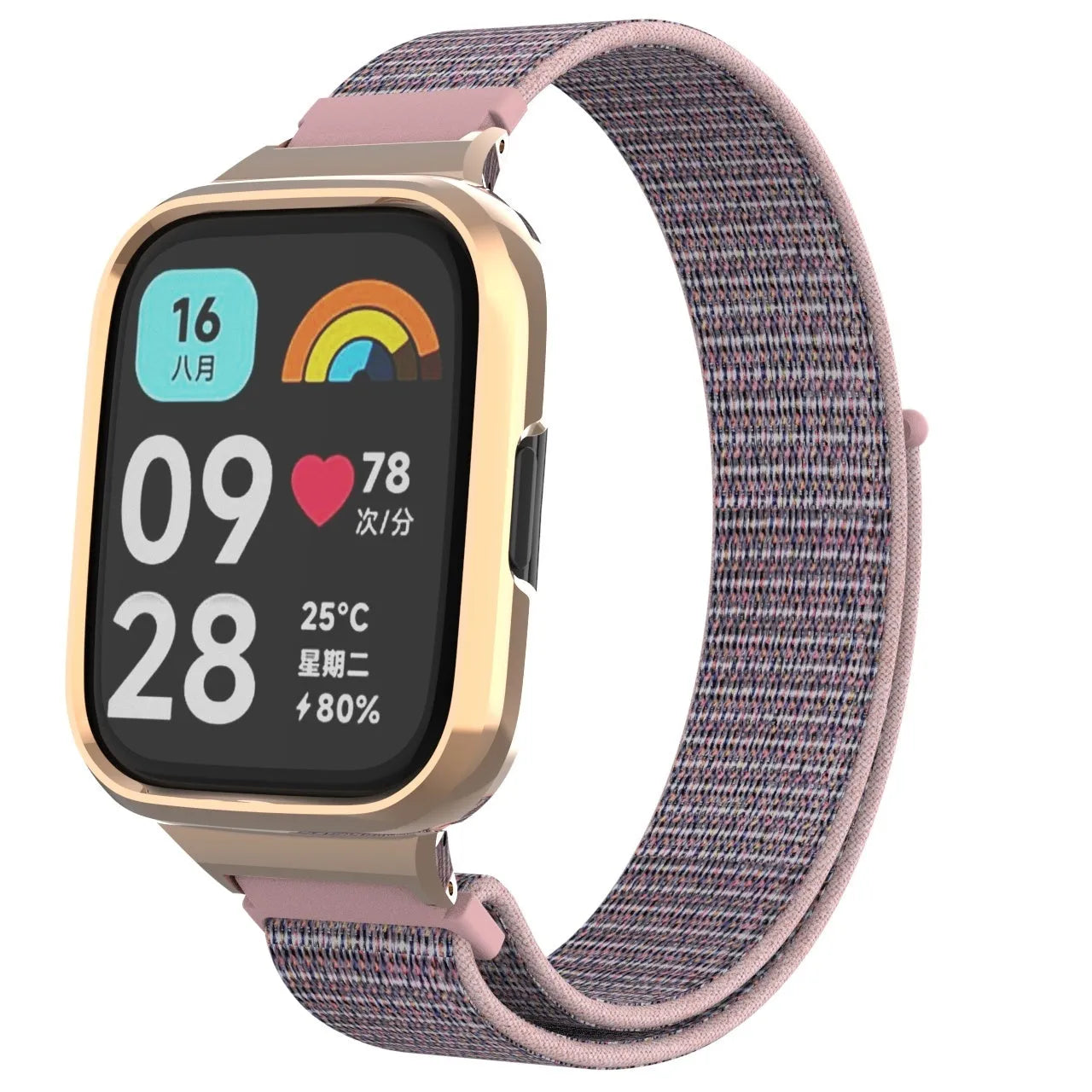 Nylon Strap, pink, on a watch, 3/4 front view