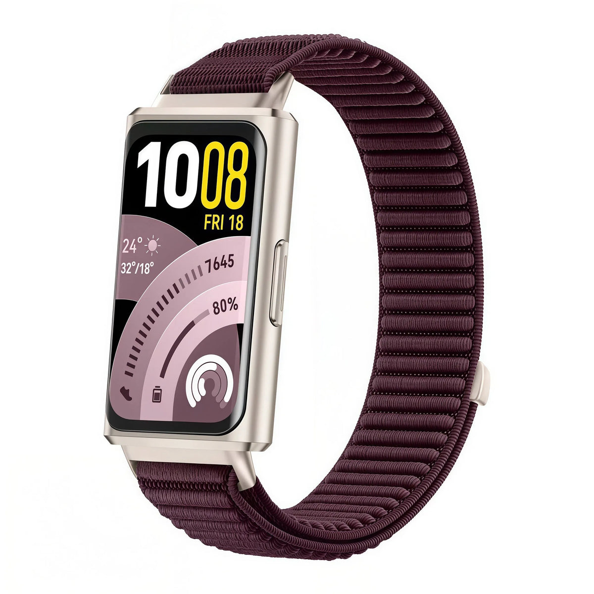 Wave Nylon Strap, plum, on a watch, 3/4 front view