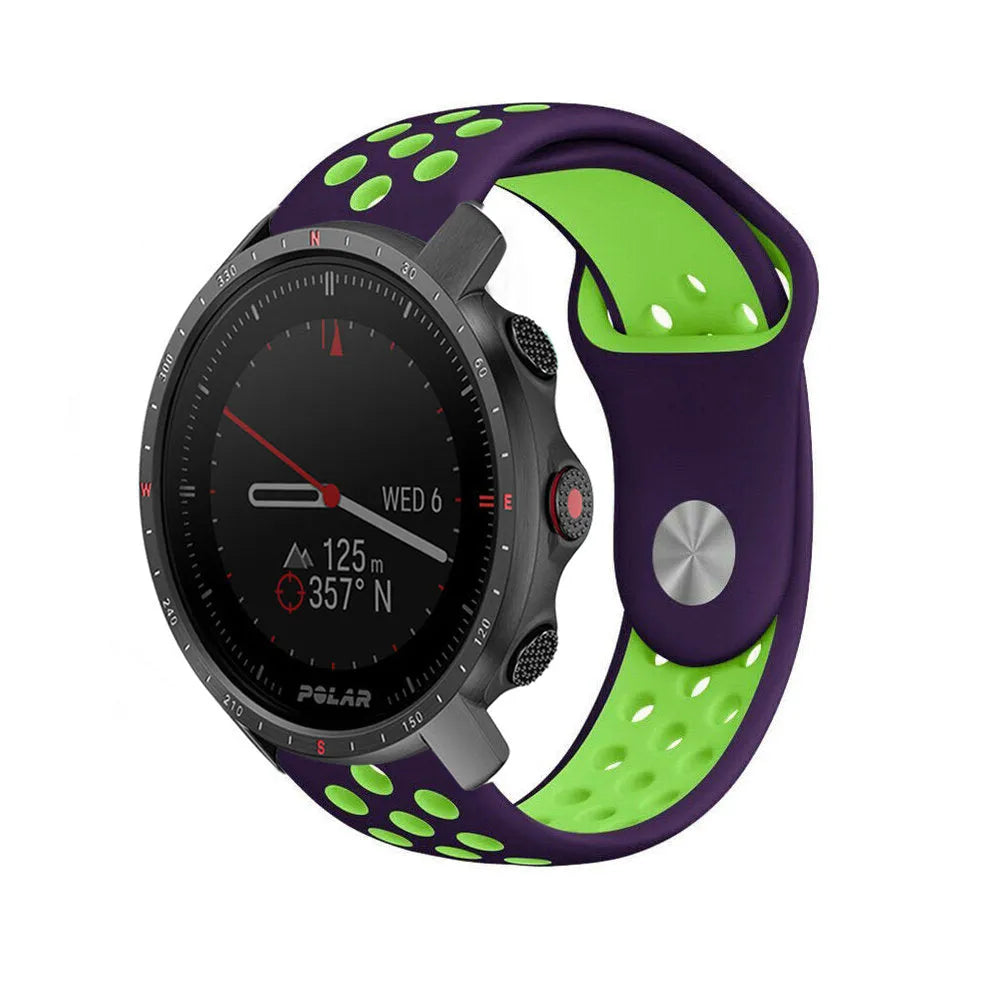 Silicone Sport Strap, purple/green, on a watch, 3/4 front view