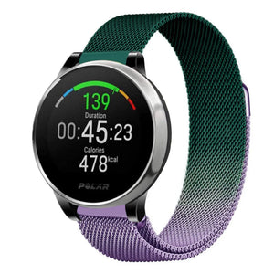 Milanese Strap, purple/green, on a watch, 3/4 front view