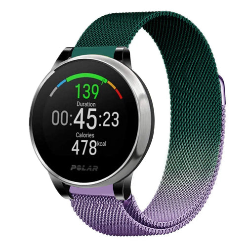 Milanese Strap, purple/green, on a watch, 3/4 front view