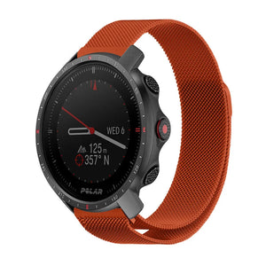 Milanese Strap, orange, on a watch, 3/4 front view