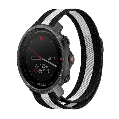 Milanese Strap, black/white, on a watch, 3/4 front view