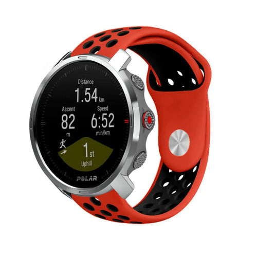 Silicone Sport Strap, red/black, on a watch, 3/4 front view