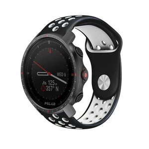 Silicone Sport Strap, black/white, on a watch, 3/4 front view