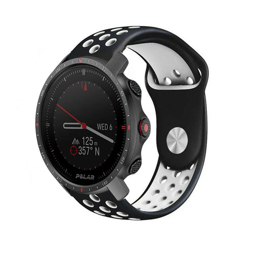 Silicone Sport Strap, black/white, on a watch, 3/4 front view