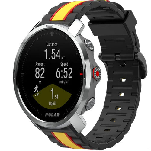 Silicone Special Edition Strap, black/yellow, on a watch, 3/4 front view