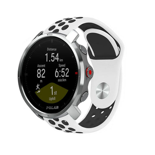 Silicone Sport Strap, white/black, on a watch, 3/4 front view