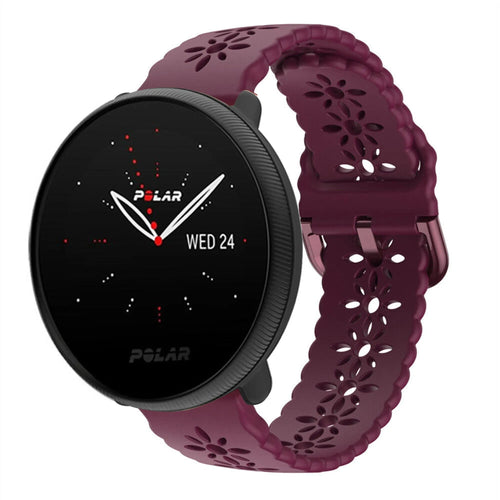 Patterned Silicone Strap, burgundy, on a watch, 3/4 front view