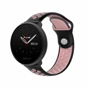 Silicone Sport Strap, black/pink, on a watch, 3/4 front view