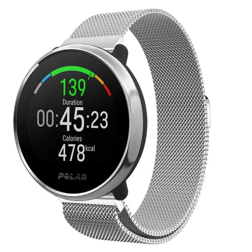 Milanese Strap, silver, on a watch, 3/4 front view