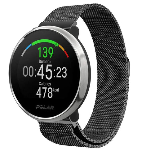 Milanese Strap, black, on a watch, 3/4 front view