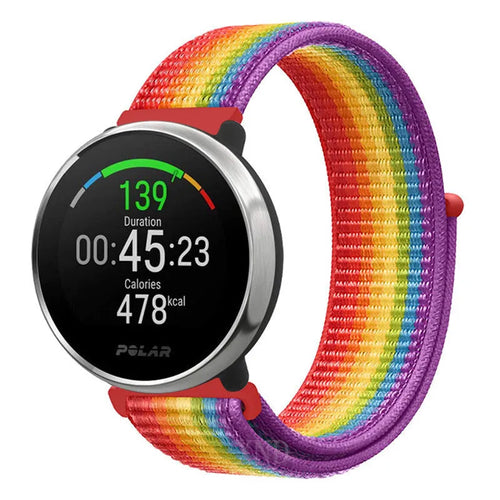 Nylon Strap, rainbow, on a watch, 3/4 front view
