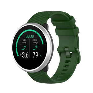 Premium Silicone Strap, army green, on a watch, 3/4 front view