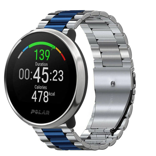 Steel Strap, silver/blue, on a watch, 3/4 front view