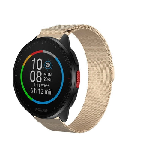 Milanese Strap, champagne, on a watch, 3/4 front view