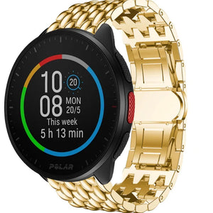 Steel Dragon Strap, gold, on a watch, 3/4 front view