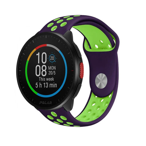 Silicone Sport Strap, purple/green, on a watch, 3/4 front view