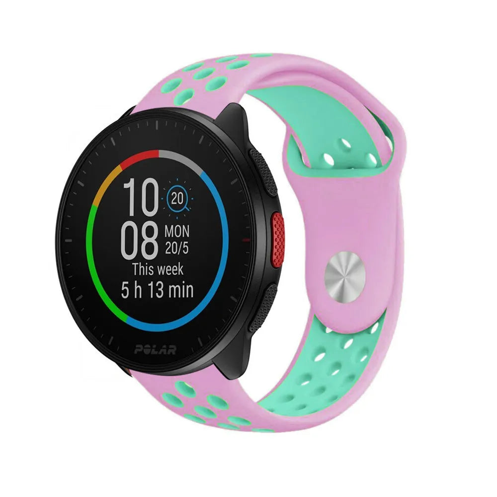 Silicone Sport Strap, pink/aqua, on a watch, 3/4 front view