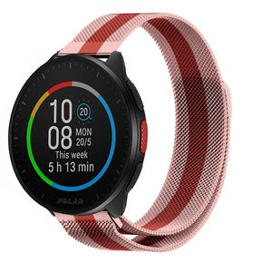 Milanese Strap, red/pink, on a watch, 3/4 front view