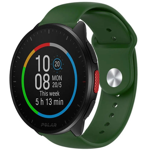 Silicone Sport Strap, army green, on a watch, 3/4 front view