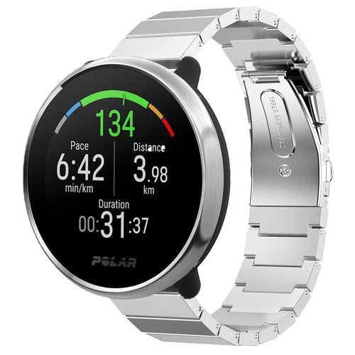 Premium Metal Strap, silver, on a watch, 3/4 front view