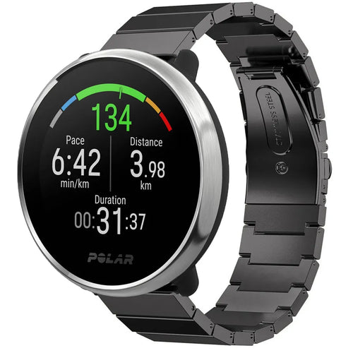 Premium Metal Strap, black, on a watch, 3/4 front view