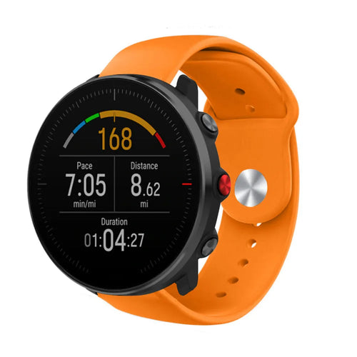 Silicone Sport Strap, orange, on a watch, 3/4 front view